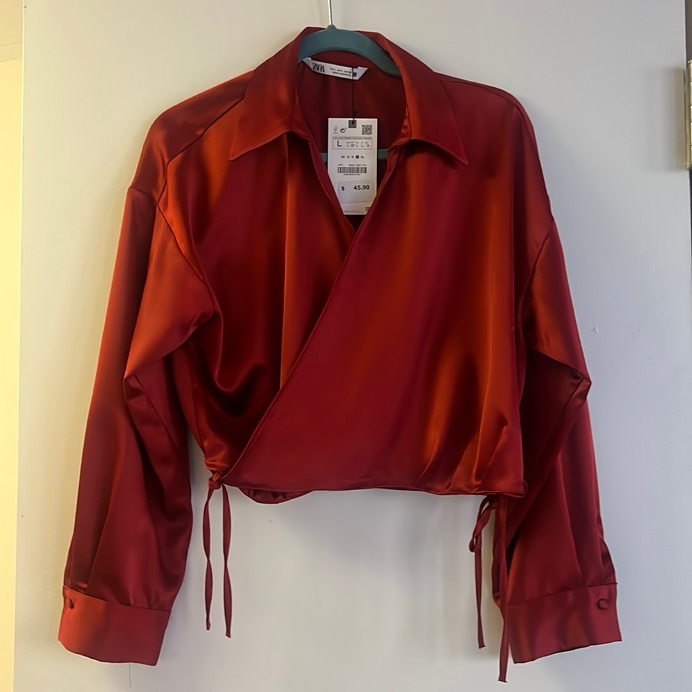 Red long sleeve cross body blouse